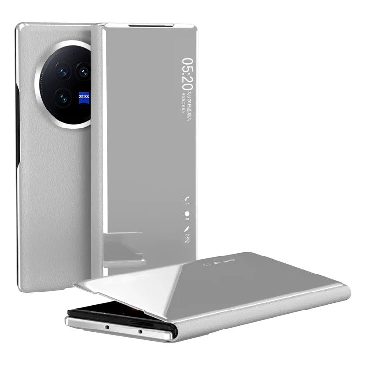 For vivo X Fold3 Leather Case Mirror Surface Electroplating Phone Cover with View Window