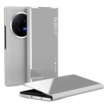 For vivo X Fold3 Leather Case Mirror Surface Electroplating Phone Cover with View Window