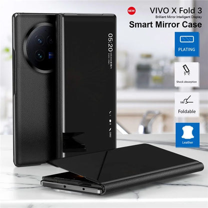 For vivo X Fold3 Leather Case Mirror Surface Electroplating Phone Cover with View Window