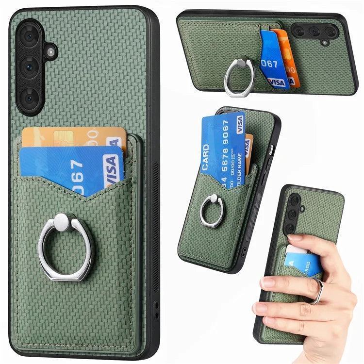 C1-8 for Samsung Galaxy A15 4G / 5G Cover PU Leather+TPU+PC Kickstand Shell Carbon Fiber Texture Design