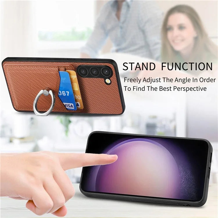 C1-8 For Samsung Galaxy S23+ Case Card Slot PU Leather Phone Back Cover Carbon Fiber Texture