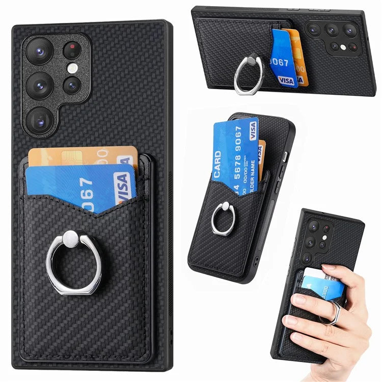 C1-8 For Samsung Galaxy S23 Ultra Case Card Slots Carbon Fiber Texture Leather Coated Phone Cover