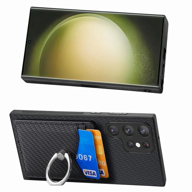 C1-8 For Samsung Galaxy S23 Ultra Case Card Slots Carbon Fiber Texture Leather Coated Phone Cover