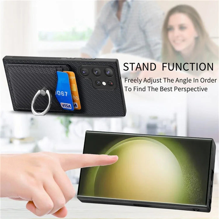 C1-8 For Samsung Galaxy S23 Ultra Case Card Slots Carbon Fiber Texture Leather Coated Phone Cover
