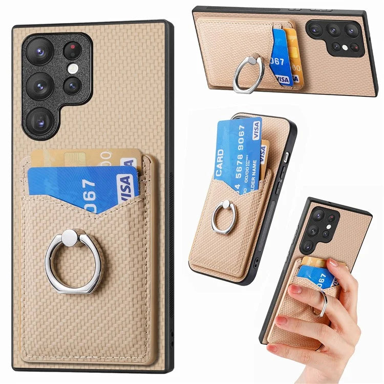 C1-8 For Samsung Galaxy S23 Ultra Case Card Slots Carbon Fiber Texture Leather Coated Phone Cover