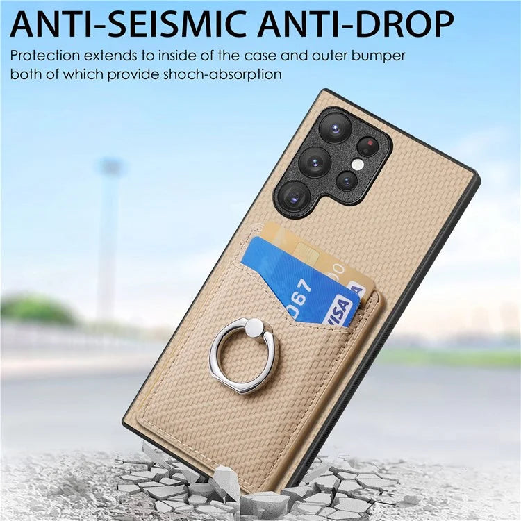 C1-8 For Samsung Galaxy S23 Ultra Case Card Slots Carbon Fiber Texture Leather Coated Phone Cover