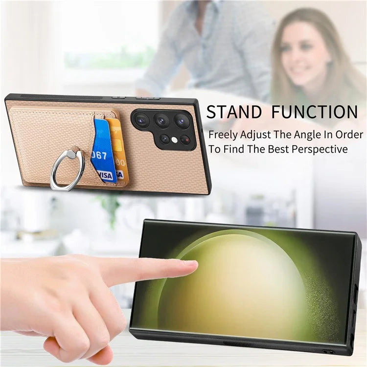C1-8 For Samsung Galaxy S23 Ultra Case Card Slots Carbon Fiber Texture Leather Coated Phone Cover