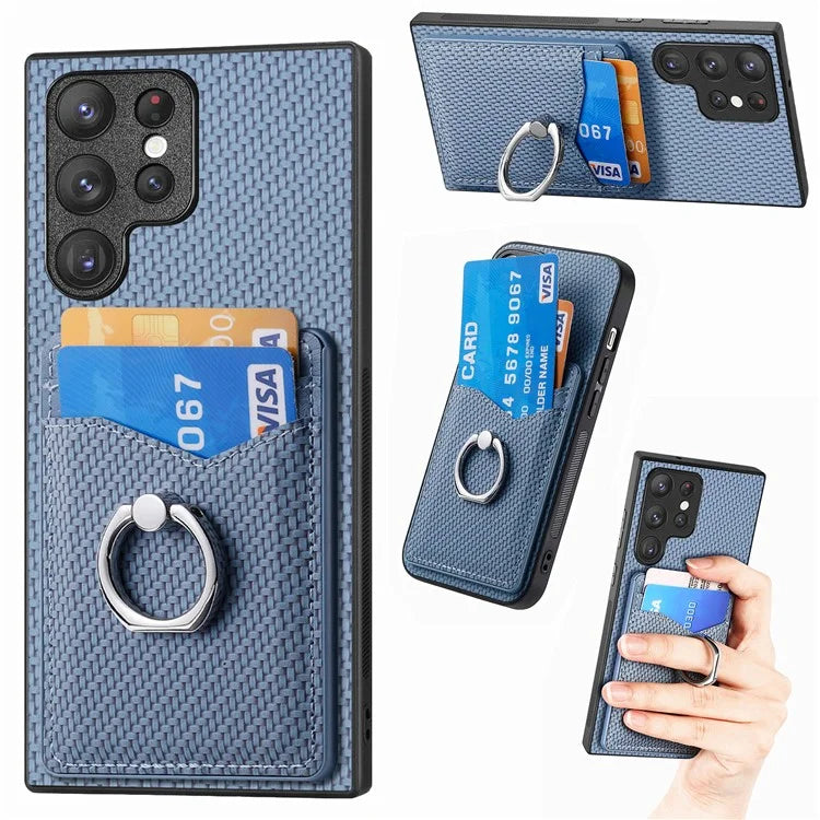 C1-8 For Samsung Galaxy S23 Ultra Case Card Slots Carbon Fiber Texture Leather Coated Phone Cover
