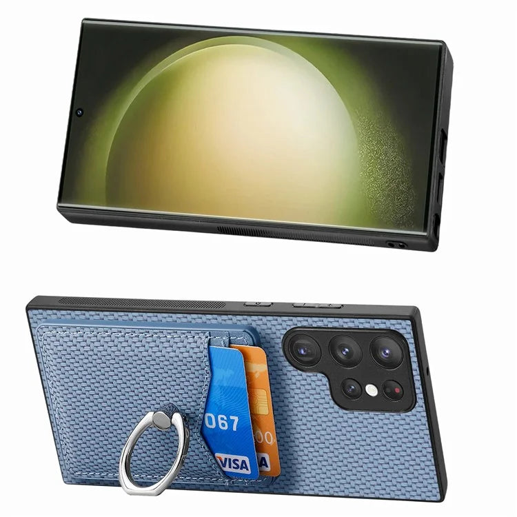 C1-8 For Samsung Galaxy S23 Ultra Case Card Slots Carbon Fiber Texture Leather Coated Phone Cover