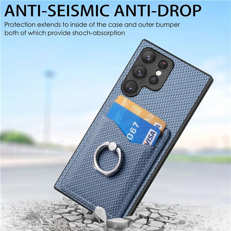 C1-8 For Samsung Galaxy S23 Ultra Case Card Slots Carbon Fiber Texture Leather Coated Phone Cover