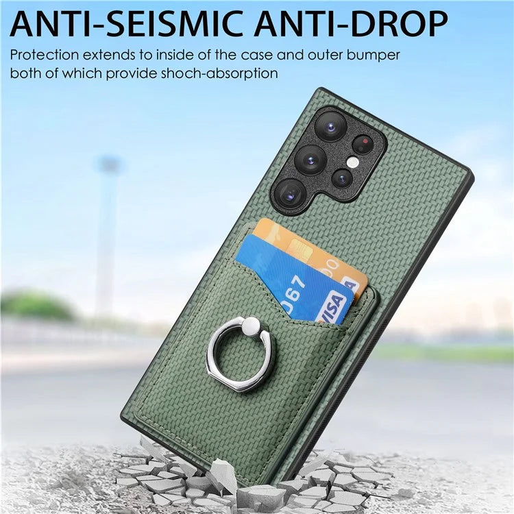 C1-8 For Samsung Galaxy S23 Ultra Case Card Slots Carbon Fiber Texture Leather Coated Phone Cover