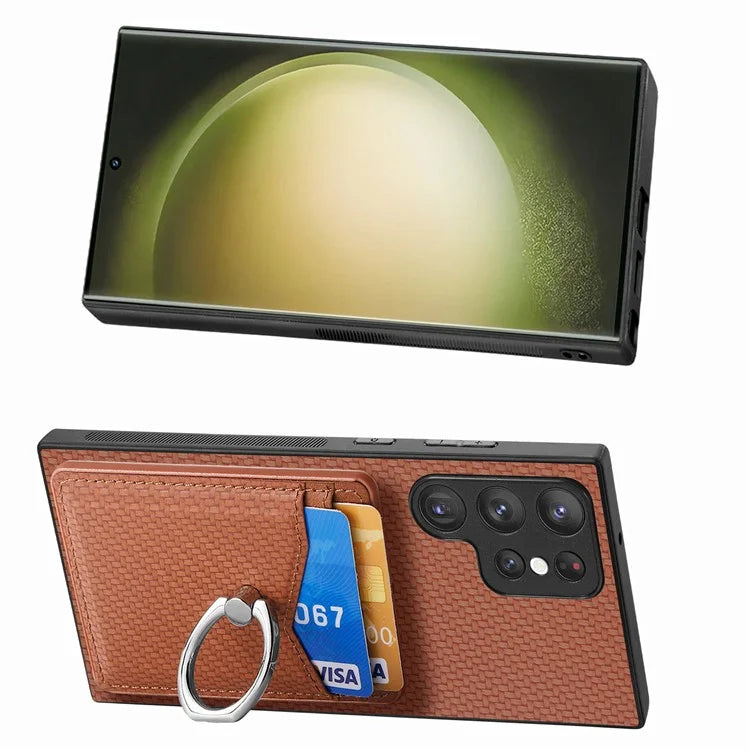 C1-8 For Samsung Galaxy S23 Ultra Case Card Slots Carbon Fiber Texture Leather Coated Phone Cover