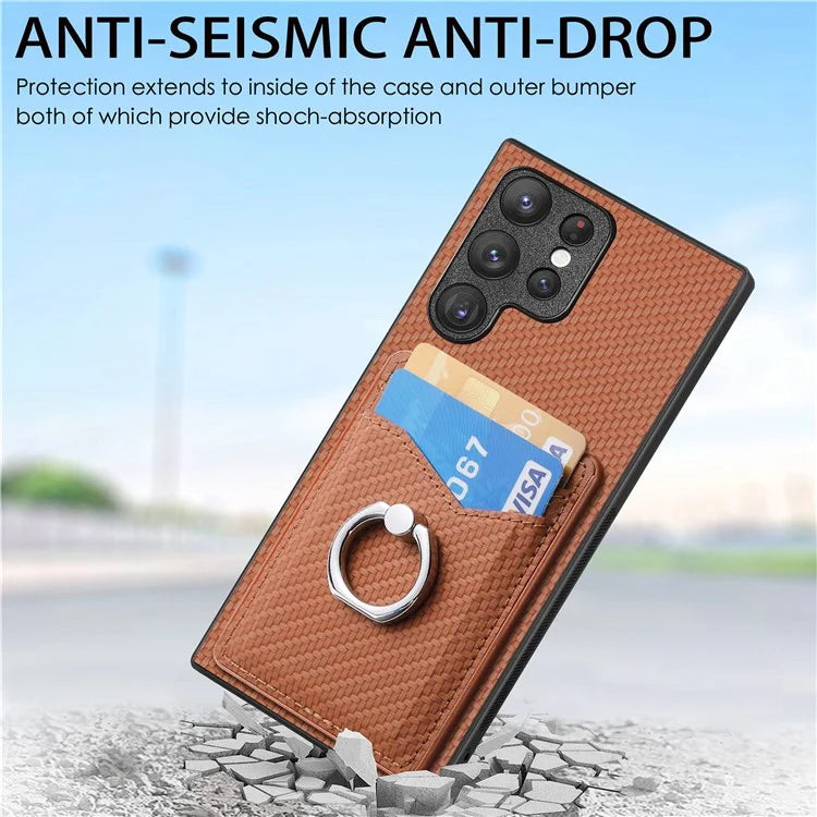 C1-8 For Samsung Galaxy S23 Ultra Case Card Slots Carbon Fiber Texture Leather Coated Phone Cover
