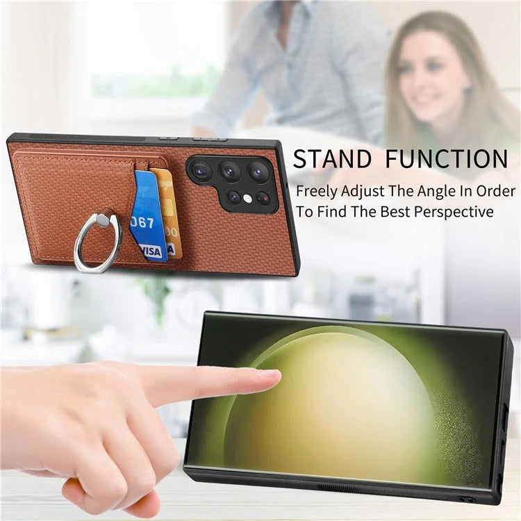 C1-8 For Samsung Galaxy S23 Ultra Case Card Slots Carbon Fiber Texture Leather Coated Phone Cover