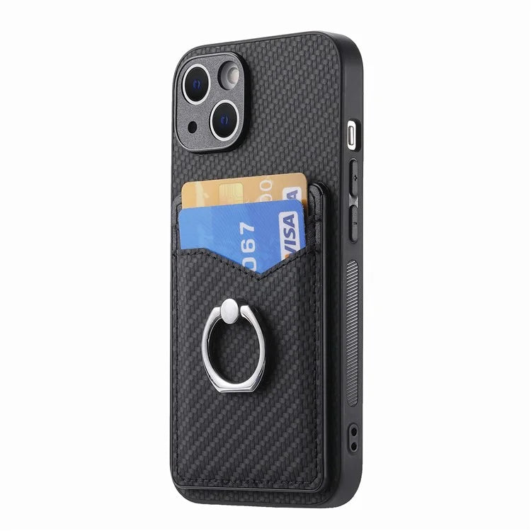 C1-8 For iPhone 13 6.1 inch Case Carbon Fiber Texture Kickstand Phone Cover with Card Slots
