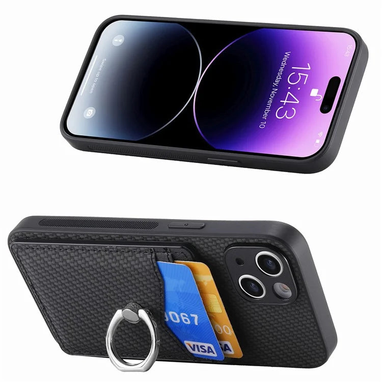 C1-8 For iPhone 13 6.1 inch Case Carbon Fiber Texture Kickstand Phone Cover with Card Slots
