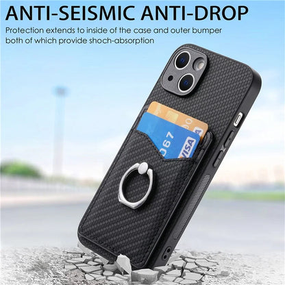 C1-8 For iPhone 13 6.1 inch Case Carbon Fiber Texture Kickstand Phone Cover with Card Slots