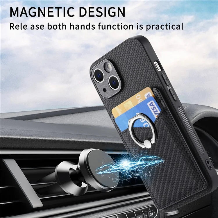 C1-8 For iPhone 13 6.1 inch Case Carbon Fiber Texture Kickstand Phone Cover with Card Slots