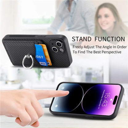 C1-8 For iPhone 13 6.1 inch Case Carbon Fiber Texture Kickstand Phone Cover with Card Slots