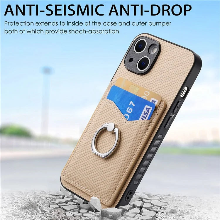 C1-8 For iPhone 13 6.1 inch Case Carbon Fiber Texture Kickstand Phone Cover with Card Slots