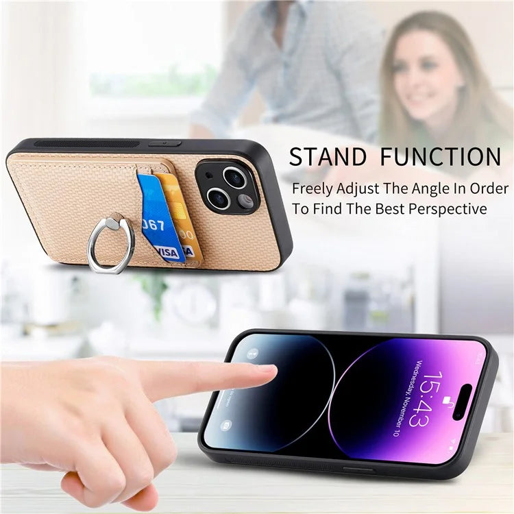 C1-8 For iPhone 13 6.1 inch Case Carbon Fiber Texture Kickstand Phone Cover with Card Slots