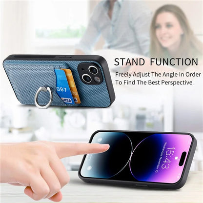 C1-8 For iPhone 13 6.1 inch Case Carbon Fiber Texture Kickstand Phone Cover with Card Slots