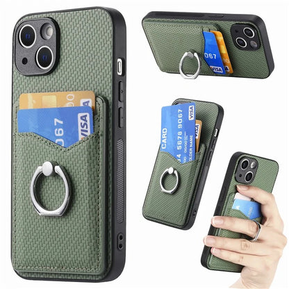 C1-8 For iPhone 13 6.1 inch Case Carbon Fiber Texture Kickstand Phone Cover with Card Slots