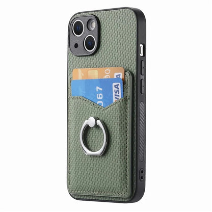 C1-8 For iPhone 13 6.1 inch Case Carbon Fiber Texture Kickstand Phone Cover with Card Slots