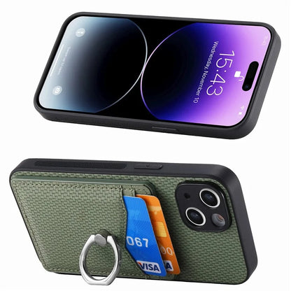 C1-8 For iPhone 13 6.1 inch Case Carbon Fiber Texture Kickstand Phone Cover with Card Slots