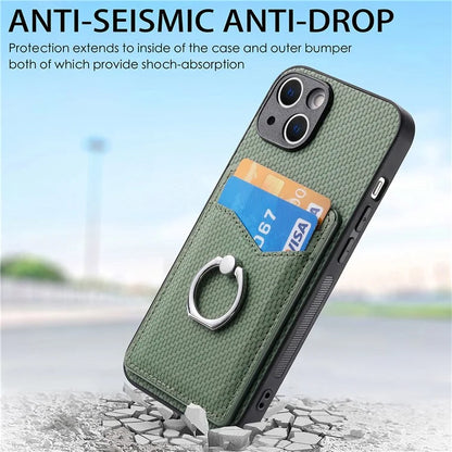 C1-8 For iPhone 13 6.1 inch Case Carbon Fiber Texture Kickstand Phone Cover with Card Slots