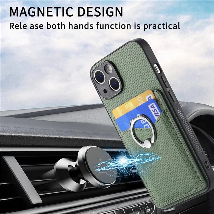 C1-8 For iPhone 13 6.1 inch Case Carbon Fiber Texture Kickstand Phone Cover with Card Slots