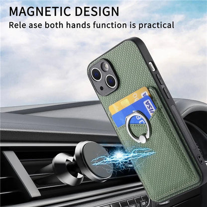 C1-8 For iPhone 13 6.1 inch Case Carbon Fiber Texture Kickstand Phone Cover with Card Slots