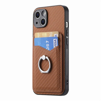 C1-8 For iPhone 13 6.1 inch Case Carbon Fiber Texture Kickstand Phone Cover with Card Slots