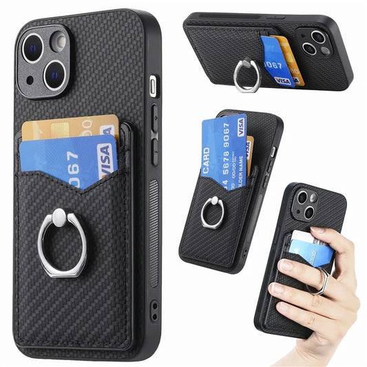 C1-8 For iPhone 14 Case Carbon Fiber PU Card Slots Phone Cover with Kickstand