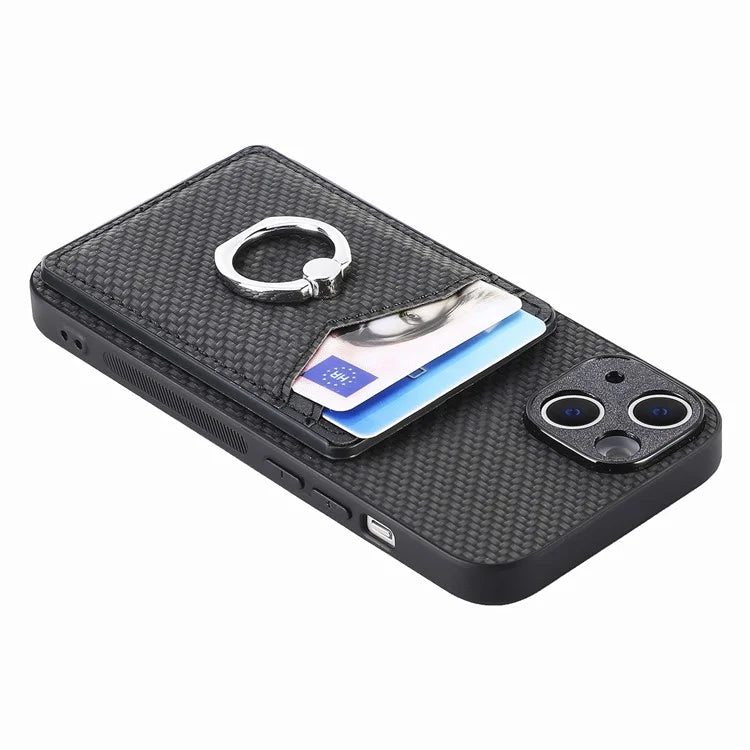 C1-8 For iPhone 14 Case Carbon Fiber PU Card Slots Phone Cover with Kickstand