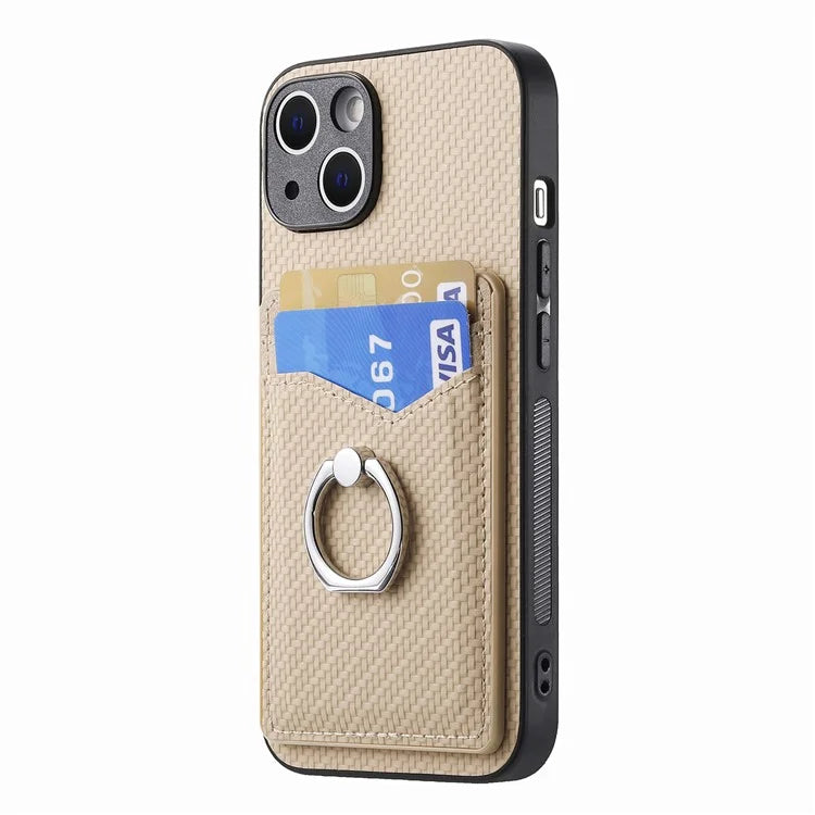 C1-8 For iPhone 14 Case Carbon Fiber PU Card Slots Phone Cover with Kickstand