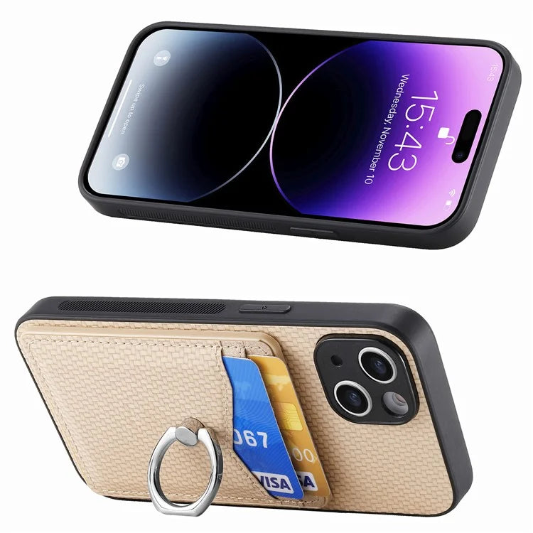 C1-8 For iPhone 14 Case Carbon Fiber PU Card Slots Phone Cover with Kickstand
