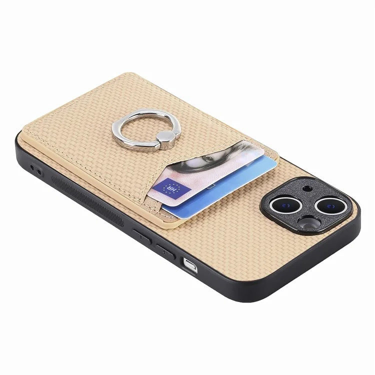 C1-8 For iPhone 14 Case Carbon Fiber PU Card Slots Phone Cover with Kickstand