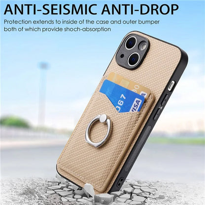 C1-8 For iPhone 14 Case Carbon Fiber PU Card Slots Phone Cover with Kickstand