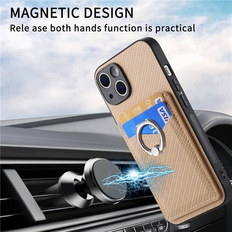 C1-8 For iPhone 14 Case Carbon Fiber PU Card Slots Phone Cover with Kickstand