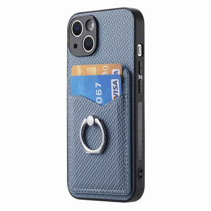 C1-8 For iPhone 14 Case Carbon Fiber PU Card Slots Phone Cover with Kickstand