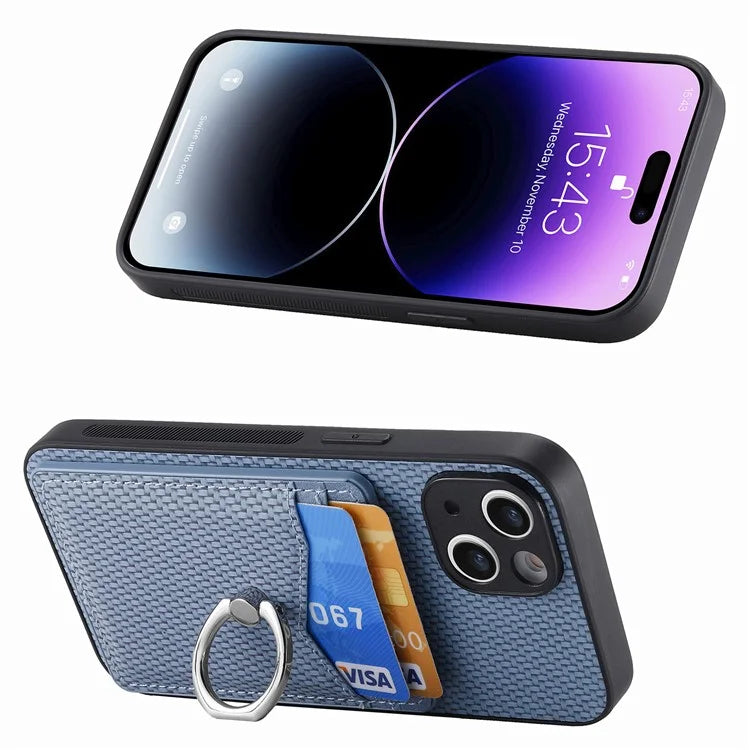 C1-8 For iPhone 14 Case Carbon Fiber PU Card Slots Phone Cover with Kickstand