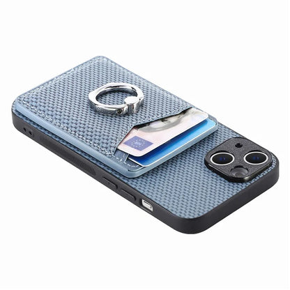 C1-8 For iPhone 14 Case Carbon Fiber PU Card Slots Phone Cover with Kickstand
