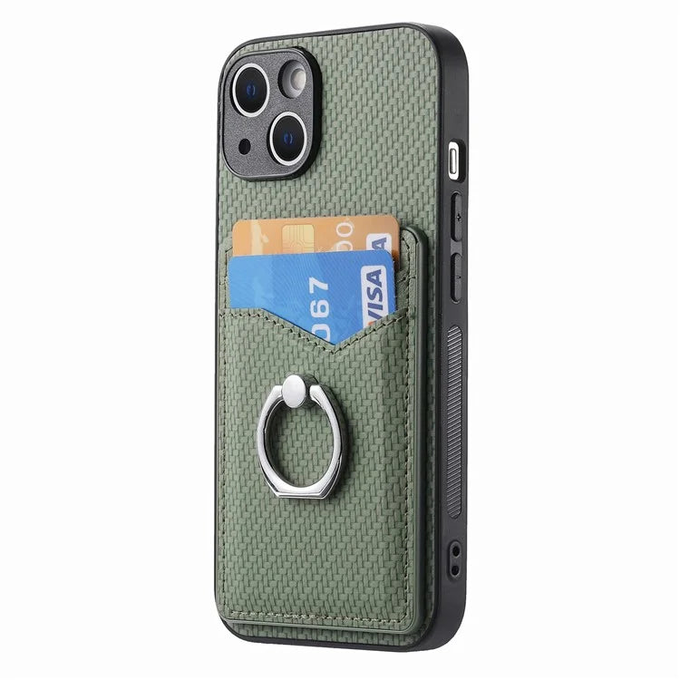 C1-8 For iPhone 14 Case Carbon Fiber PU Card Slots Phone Cover with Kickstand