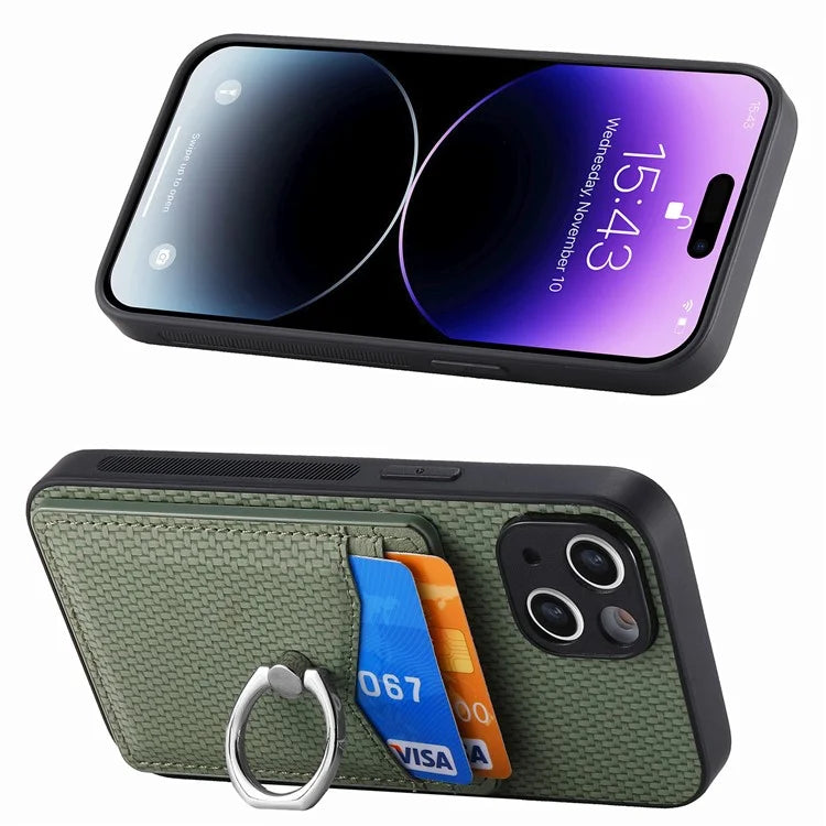 C1-8 For iPhone 14 Case Carbon Fiber PU Card Slots Phone Cover with Kickstand