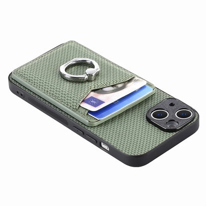C1-8 For iPhone 14 Case Carbon Fiber PU Card Slots Phone Cover with Kickstand