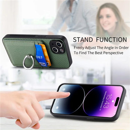 C1-8 For iPhone 14 Case Carbon Fiber PU Card Slots Phone Cover with Kickstand