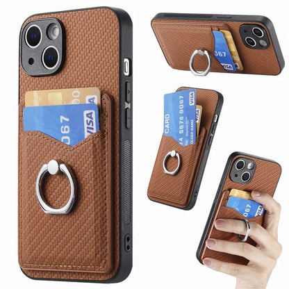 C1-8 For iPhone 14 Case Carbon Fiber PU Card Slots Phone Cover with Kickstand