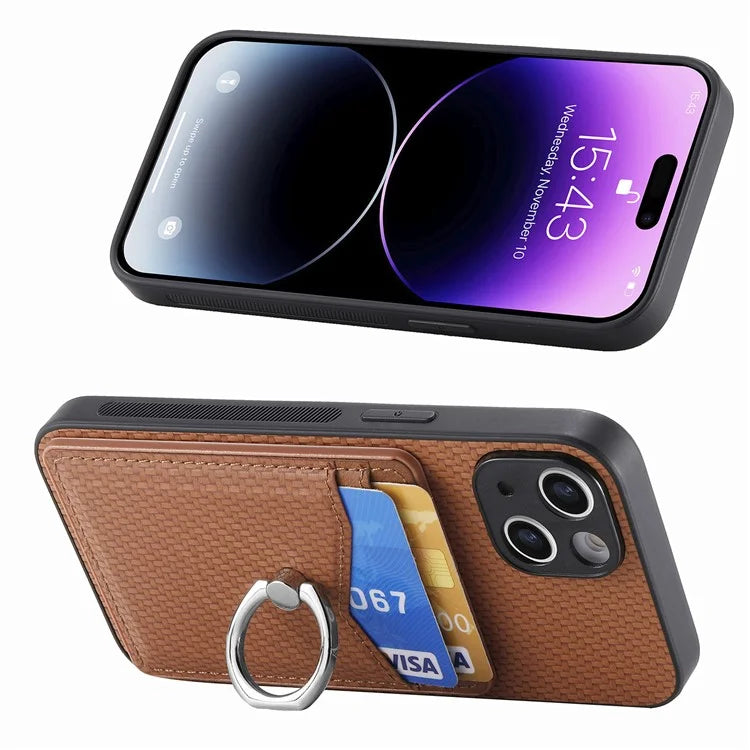 C1-8 For iPhone 14 Case Carbon Fiber PU Card Slots Phone Cover with Kickstand