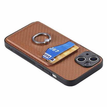 C1-8 For iPhone 14 Case Carbon Fiber PU Card Slots Phone Cover with Kickstand